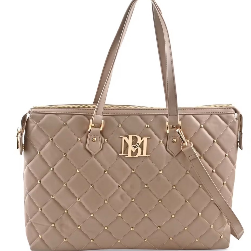 Badgley Mischka Taupe Vegan Leather Quilted Shoulder Bag with Zip Top NWT